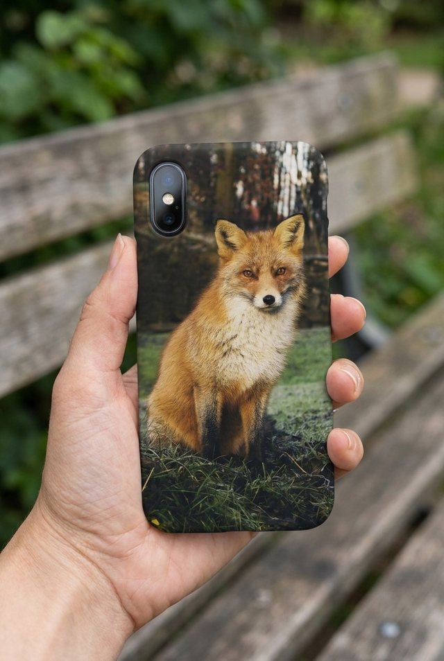 Hand holding a phone in a custom case printed with a photo of a red fox sitting on grass, in front of a wooden park bench.