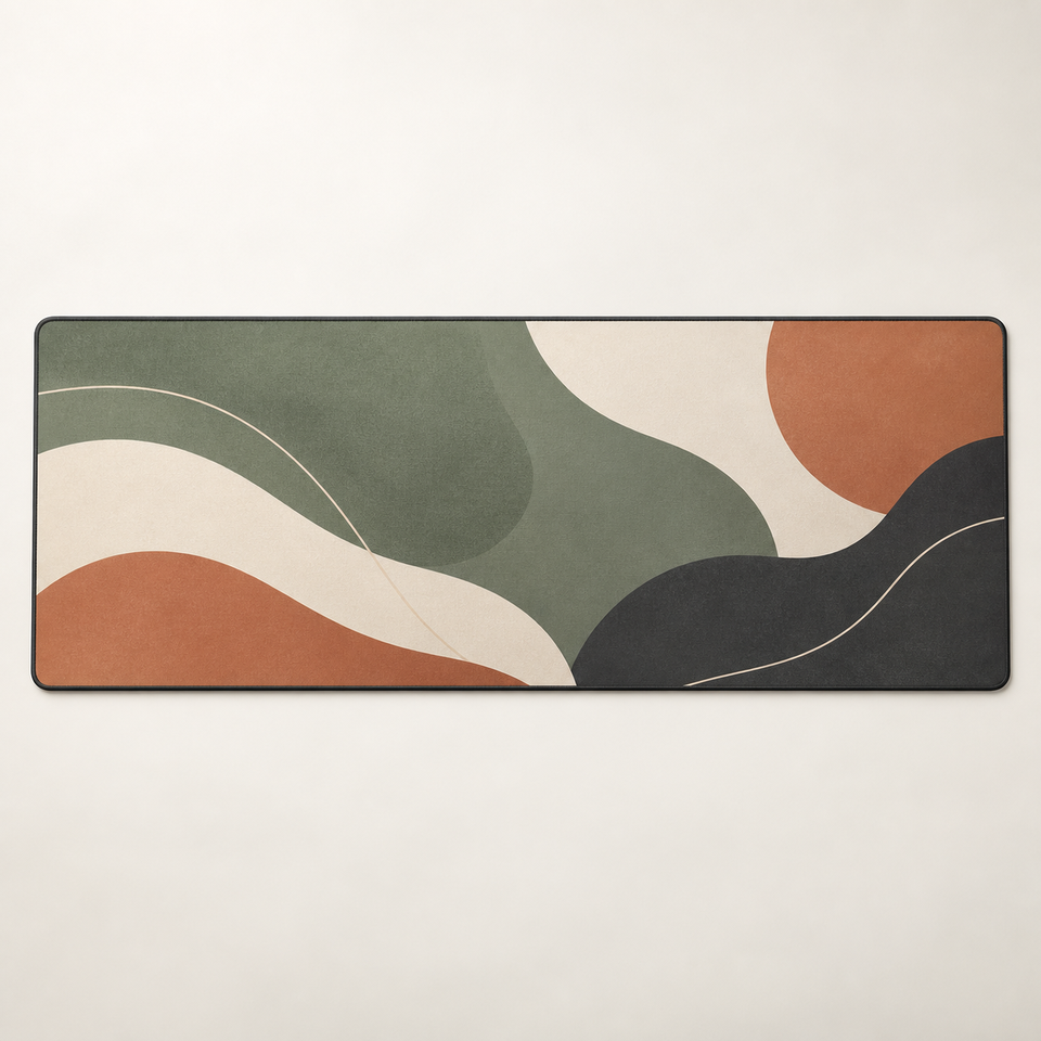 Wide desk mat mockup with rounded corners, a dark border, and muted multicolor waves