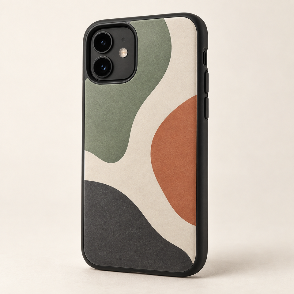 Tough case mockup with a black border and sage, cream, terracotta, and charcoal waves