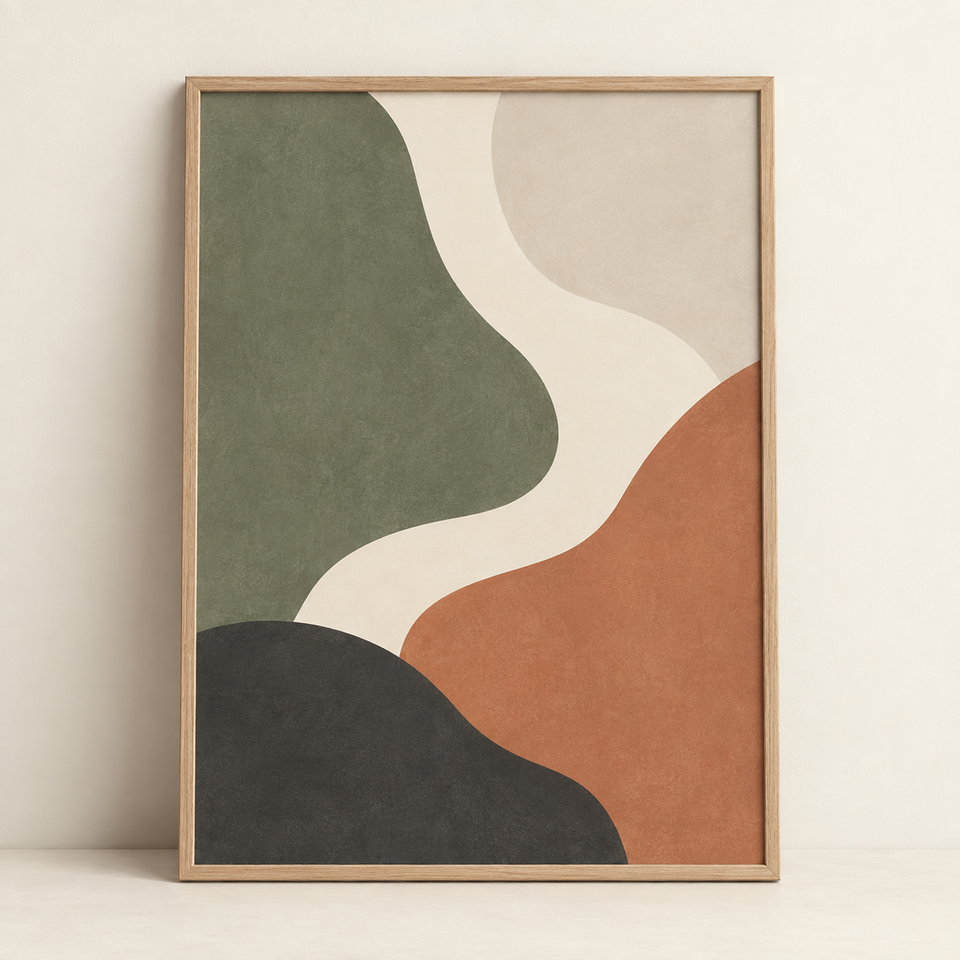 Poster mockup with sage, cream, terracotta, and charcoal shapes in a light wood frame