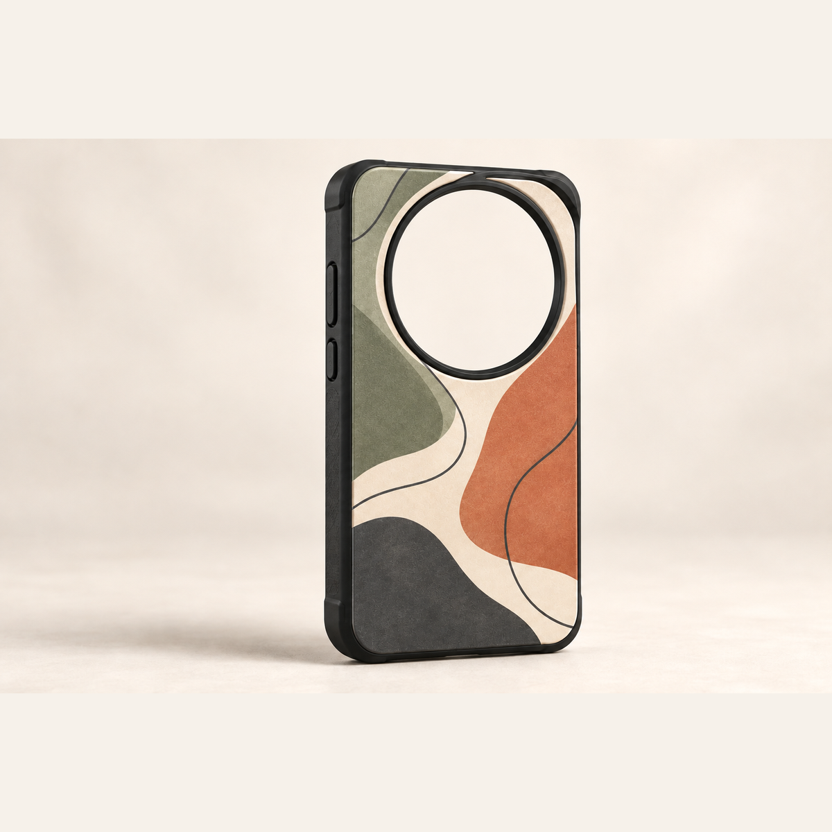Xiaomi 17 Ultra Tough case mockup with a large circular camera opening and sage, cream, terracotta, and charcoal artwork